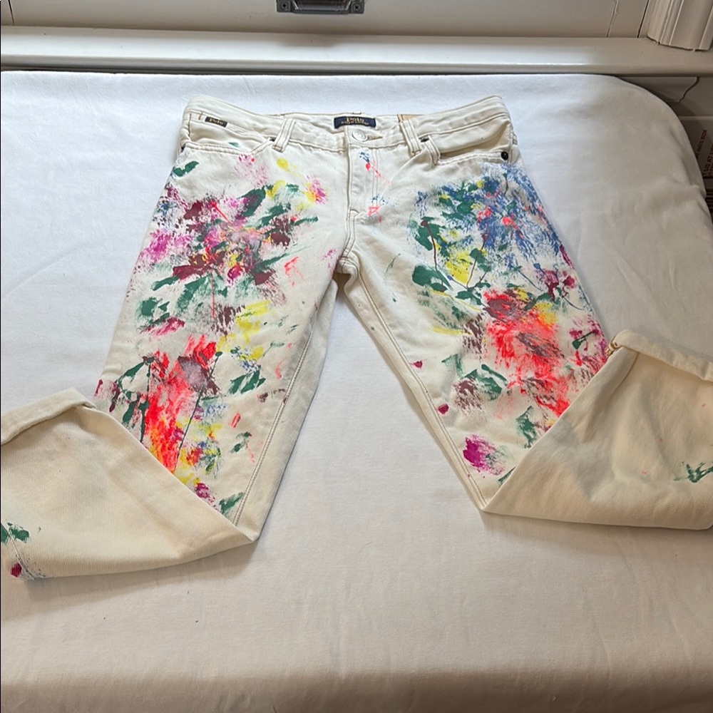 Polo Ralph Lauren White Straight Leg Jeans with Paint Splatter Design - 12 Girl